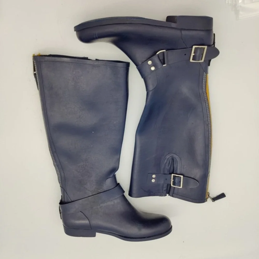 Steve Madden Womens Moto Equestrian Tall Rain Boot 10 Navy Tsunami Harness Zip